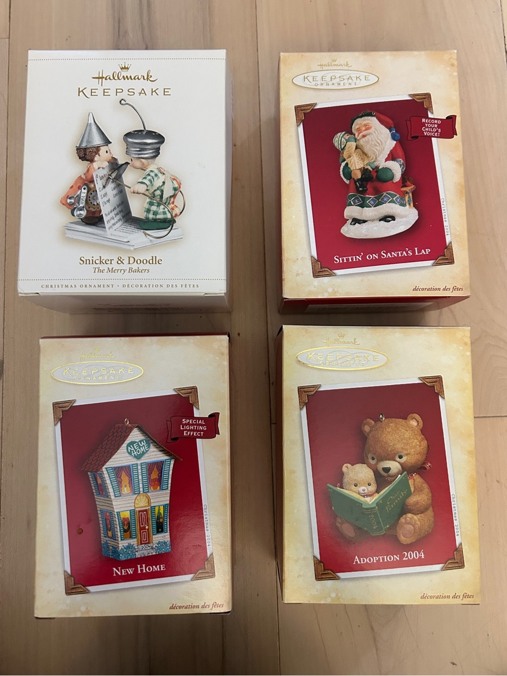 4 Hallmark Keepsake Ornaments Snicker & Doodle Santa’s Lap, New Home, Adoption